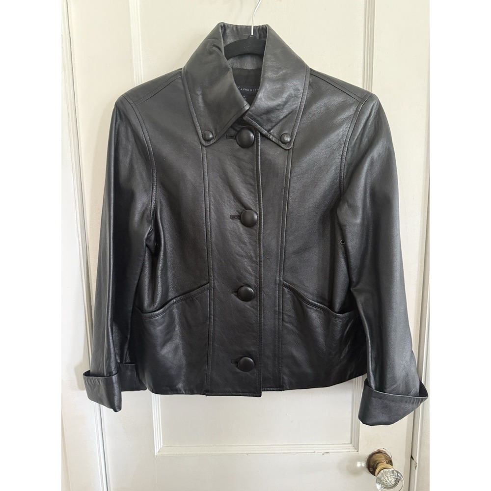 Anne Klein Black Leather Jacket Three Button Rolled Sleeve Size 4 Short Length
